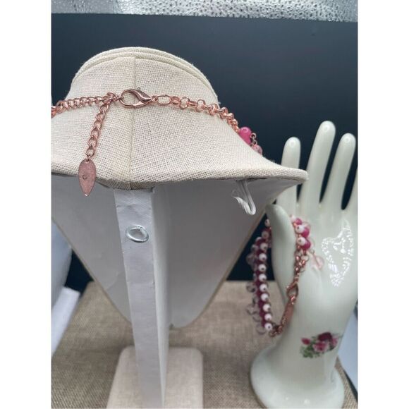 Coldwater Creek Fringe Necklace & Bracelet Set  Pink White Clear Acrylic Adjusta - Picture 2 of 8